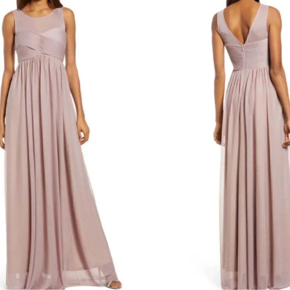NWT BIRDY GREY Mauve Ryan Sleeveless Empire Waist Pleated sheer Gown M 4…